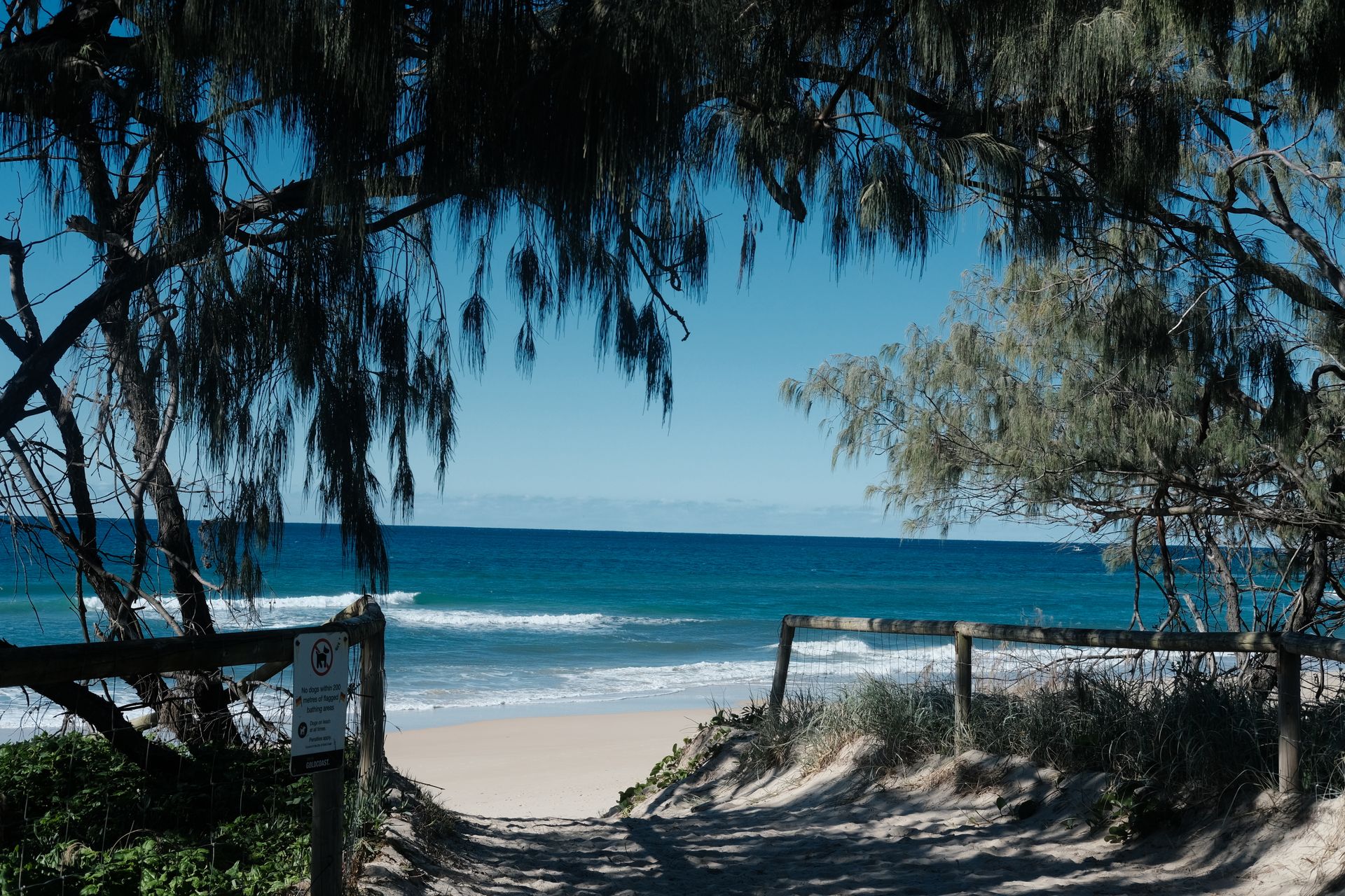 Coastal boardwalk through Noosa National Park to a turquoise bay